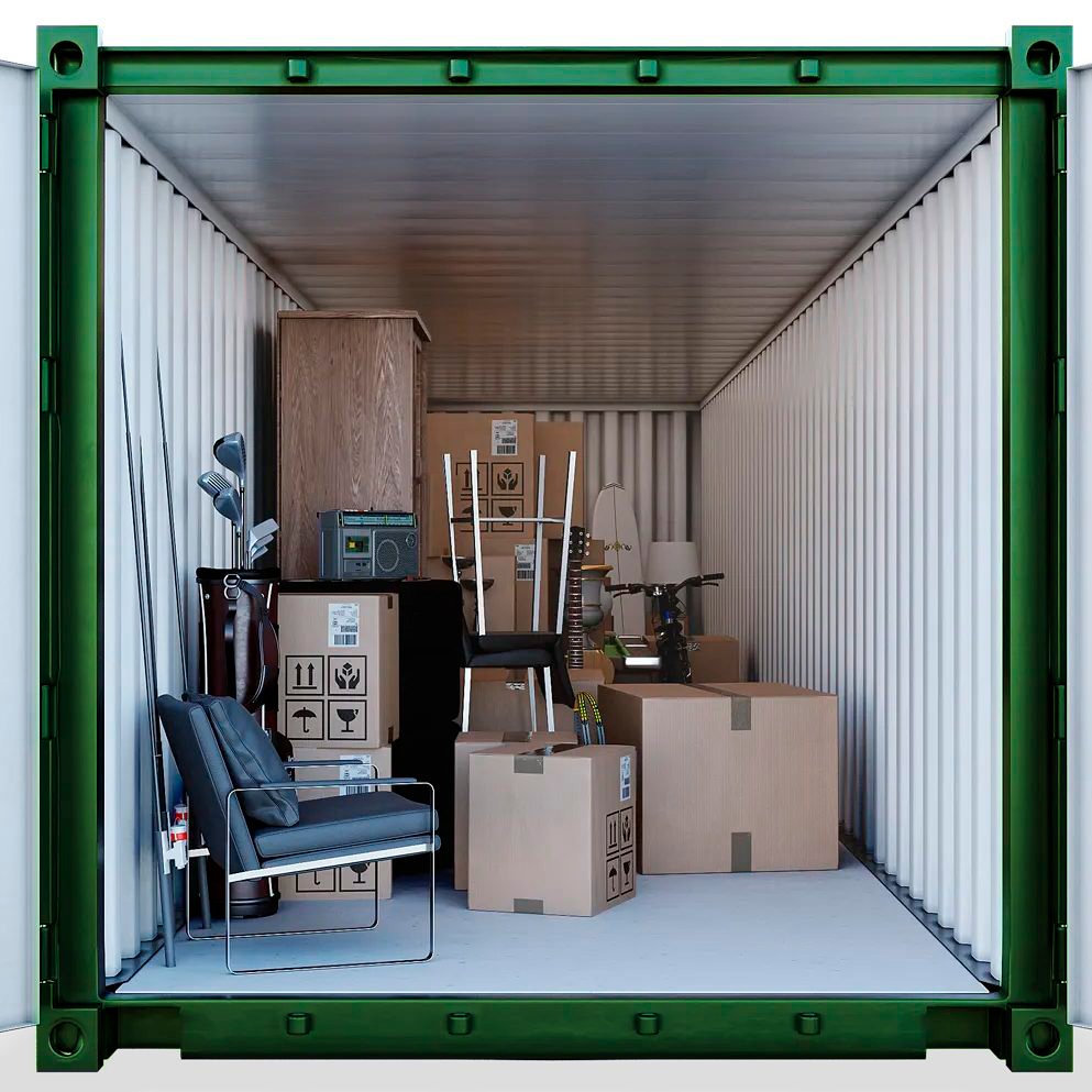 Un contenedor individual ONE Storage con muebles, cajas y una bicicleta