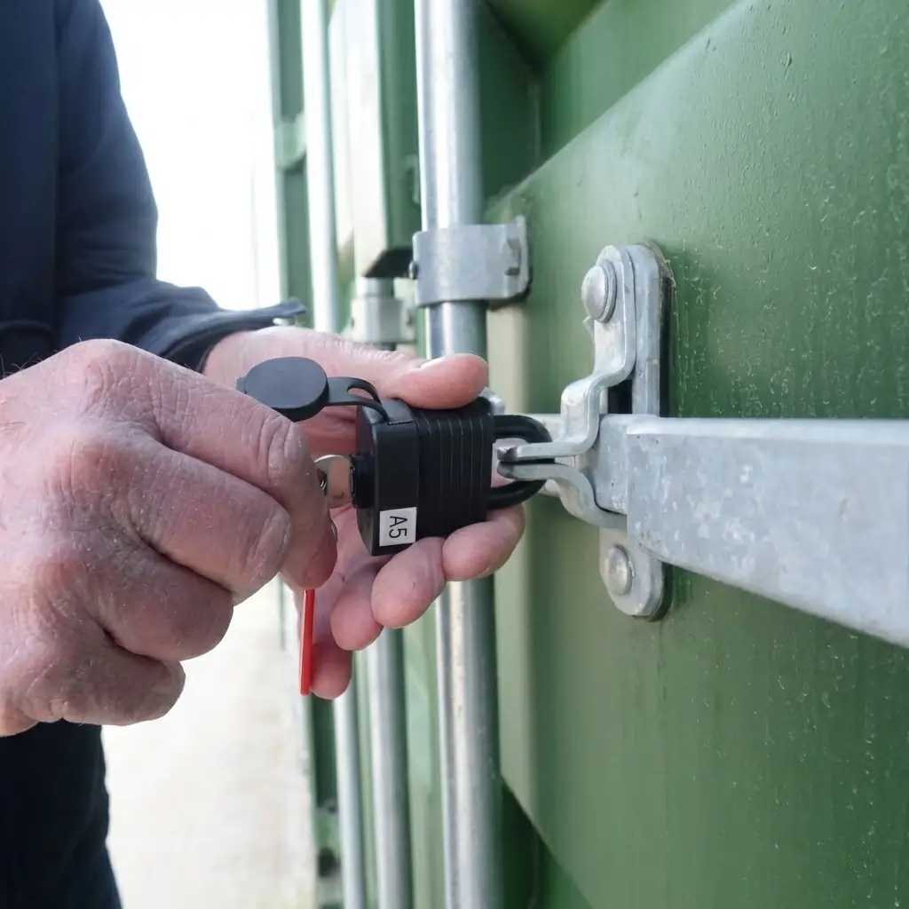 Una persona asegura con su candado la puerta de un contenedor ONE Storage
